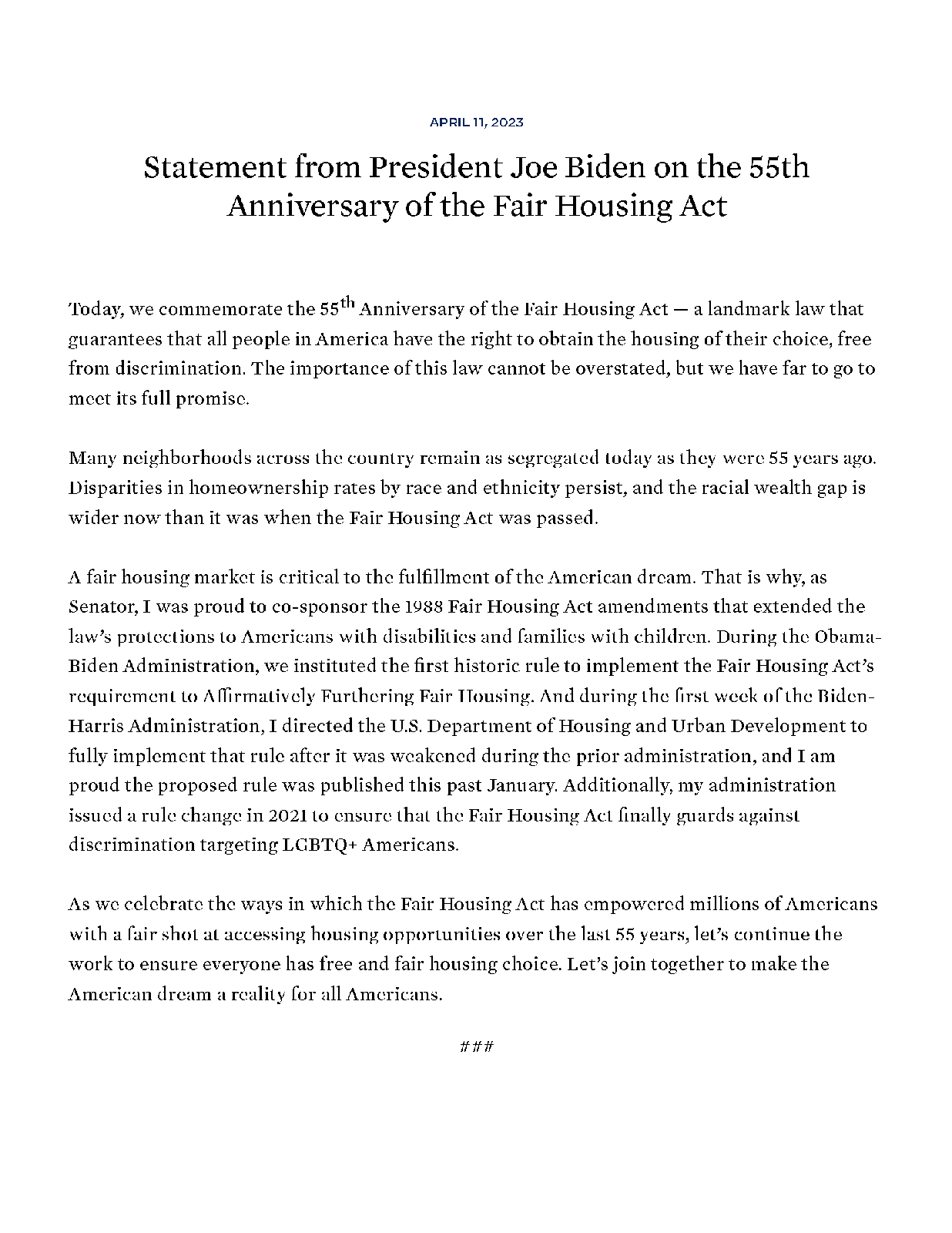Statement from President Joe Biden on the 55th Anniversary of the Fair Housing Act _ The White House